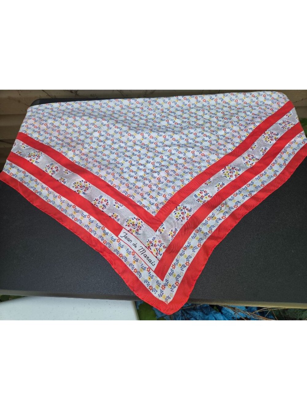 Jean De Marais 29" Hand Rolled Silk Scarf Foulard Floral Red Border Vintage